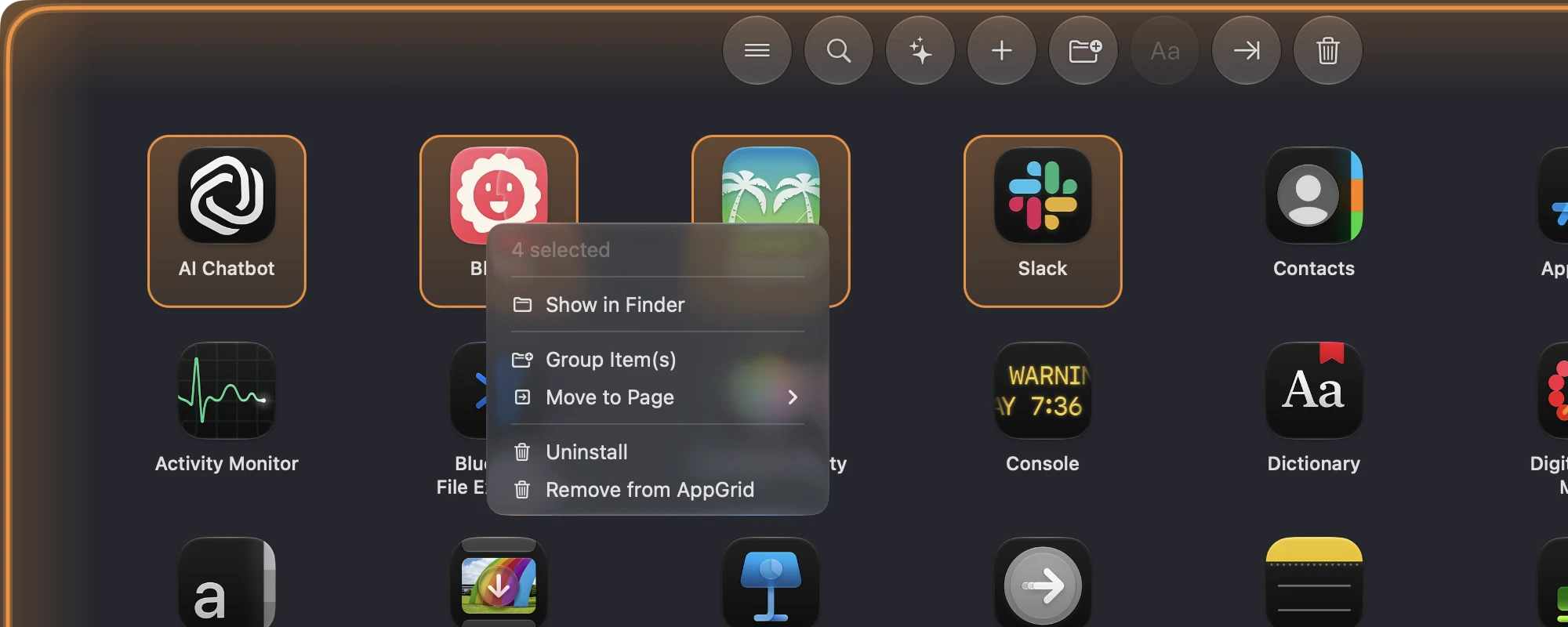 AppGrid context menu for four selected applications showing Uninstall and Remove from AppGrid as separate actions